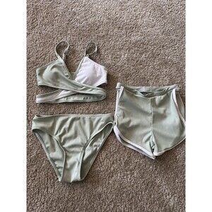 Toddler Green Three-Piece Bikini Set with Wrap Top and Shorts